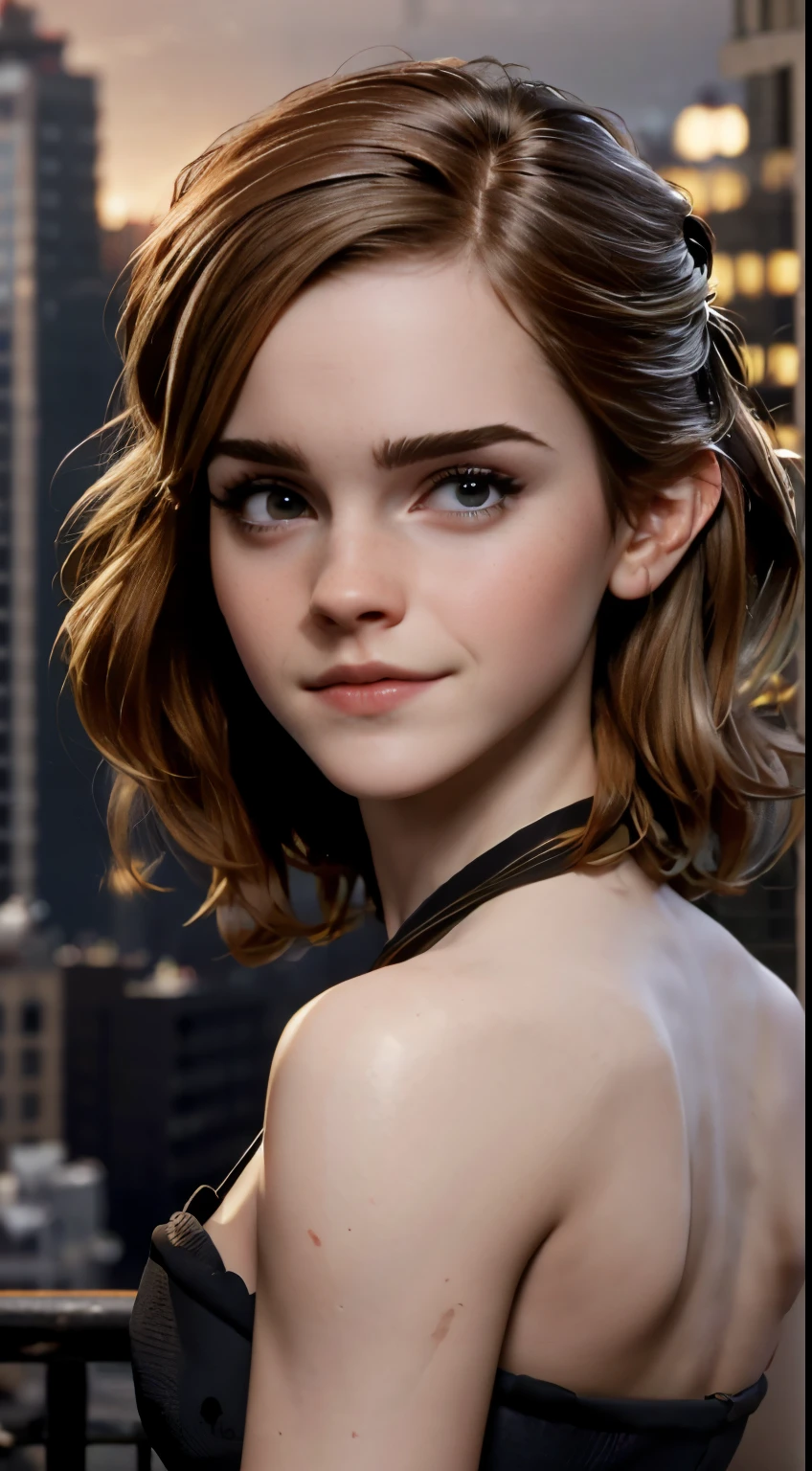 photo of Emma Watson, RAW, beautiful woman, ((portrait)), ((detailed face:1.2)), ((detailed facial feature, detailed skin, clear skin), (perfect proportioned body), (arms behind back:1.25), (wearing sexy dress) (high detailed city environment, apartment balcony), (realistic photo, best quality, detailed), (8k wallpaper), (cinematic lighting, dramatic lighting) (sharp focus, intricate)