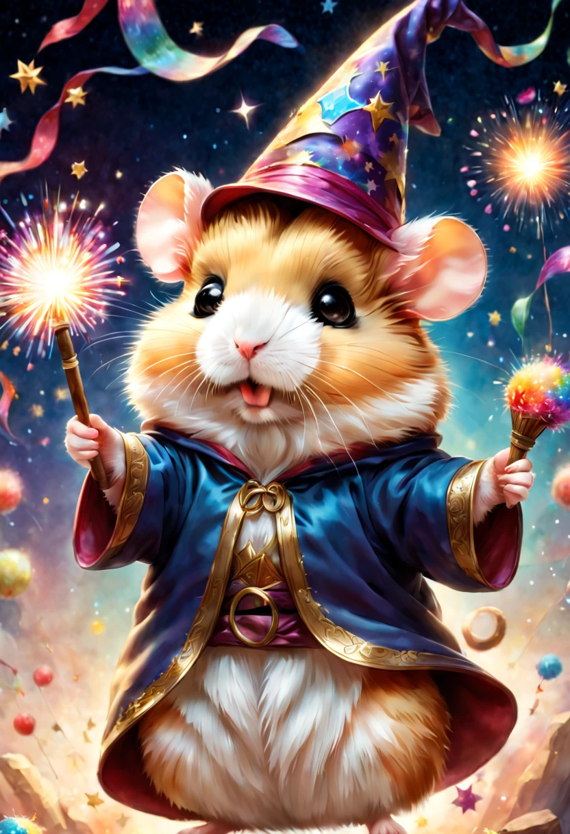 magic hamster party,((Hamster Wizard:great joy:pulling the hands up:Opening Mouth:Dynamic Pose:Wizard Hat)),magic wands,Use of magic,Wizard costume details:colourfull:draw a pattern with gold and silver,celebration,((Lots of fireworks in the night sky:colourfull)),,,Castle balcony,Lots of stars,kirakira,Beautiful light effect,,​masterpiece,top-quality,Fluffy hamsters,Chibi,cute little,A delightful,Happiness,,magical lights,,Fantastical,night sky details,Anatomically correct,All the best,,little hamster,最高にcute littleハムスター，Fantasia,randolph caldecott style,illustratio,watercolor paiting