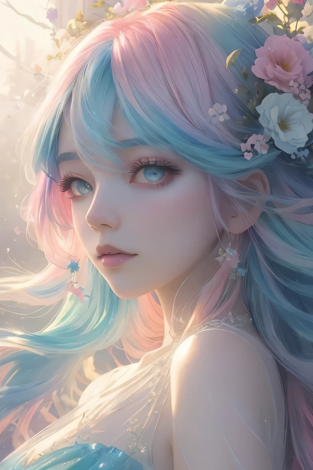 (High quality, 8K), (Soft light:1.2), (rainbow-colored hair、colourful hair、Half blue and half pink hair:1.2), Rainbow Color, One girl, Detailed face, Detailed eyes, watercolor paiting,  very magical and dreamy, dreamy and detailed, dreamy ambianceとドラマ, Gorgeous atmosphere, Beautiful dreamy lighting, dreamy ambiance, Beautiful atmosphere, Dreamy Romantic, Ethereal dreamy theme, Magical atmosphere, Beautiful atmosphere, Anime Background Art, Magical atmosphere + masutepiece, dreamy aesthetic, Beautiful details with atmosphere, Many flowers, Flower Garden, landscape, palatial palace, full bodyesbian