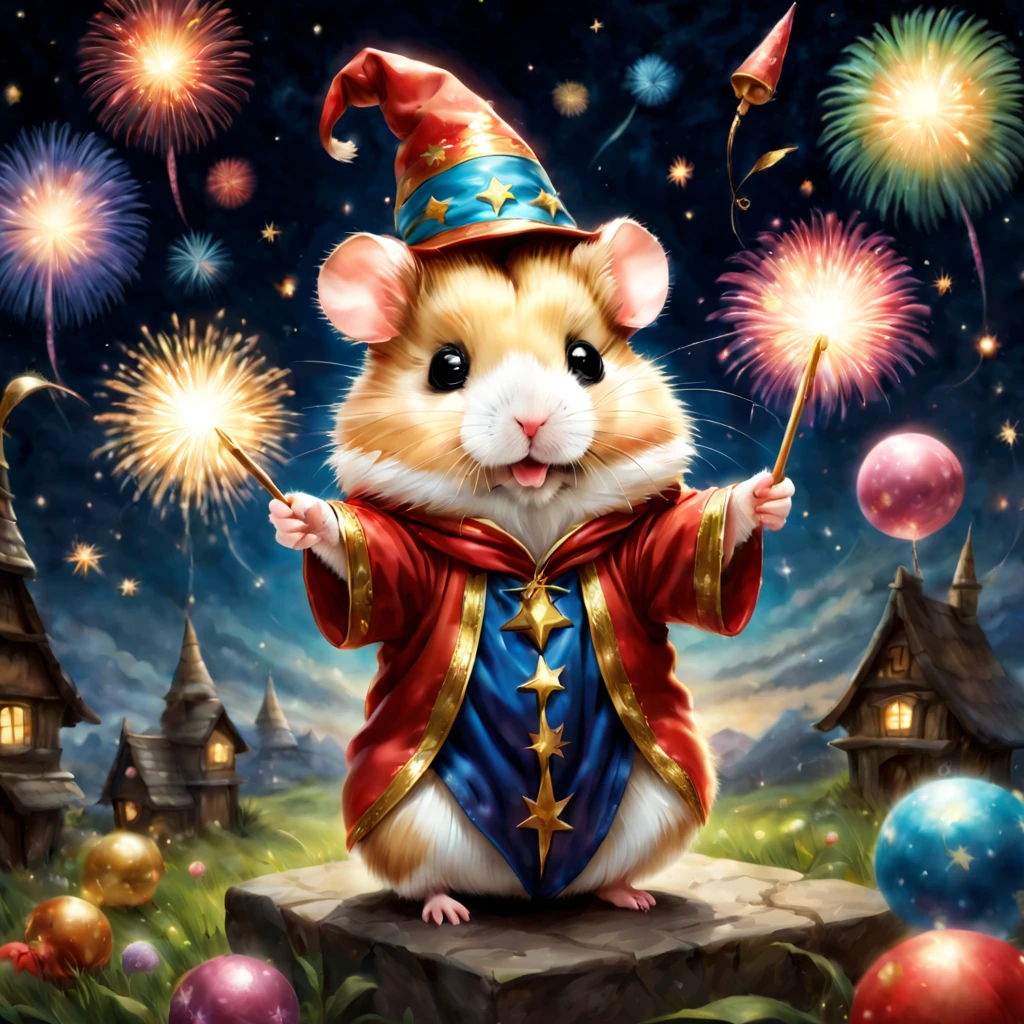 magic hamster party,((Hamster Wizard:great joy:pulling the hands up:Opening Mouth:Dynamic Pose:Wizard Hat)),magic wands,Use of magic,Wizard costume details:colourfull:draw a pattern with gold and silver,celebration,((Lots of fireworks in the night sky:colourfull)),,,Castle balcony,Lots of stars,kirakira,Beautiful light effect,,​masterpiece,top-quality,Fluffy hamsters,Chibi,cute little,A delightful,Happiness,,magical lights,,Fantastical,night sky details,Anatomically correct,All the best,,little hamster,最高にcute littleハムスター，Fantasia,randolph caldecott style,illustratio,watercolor paiting