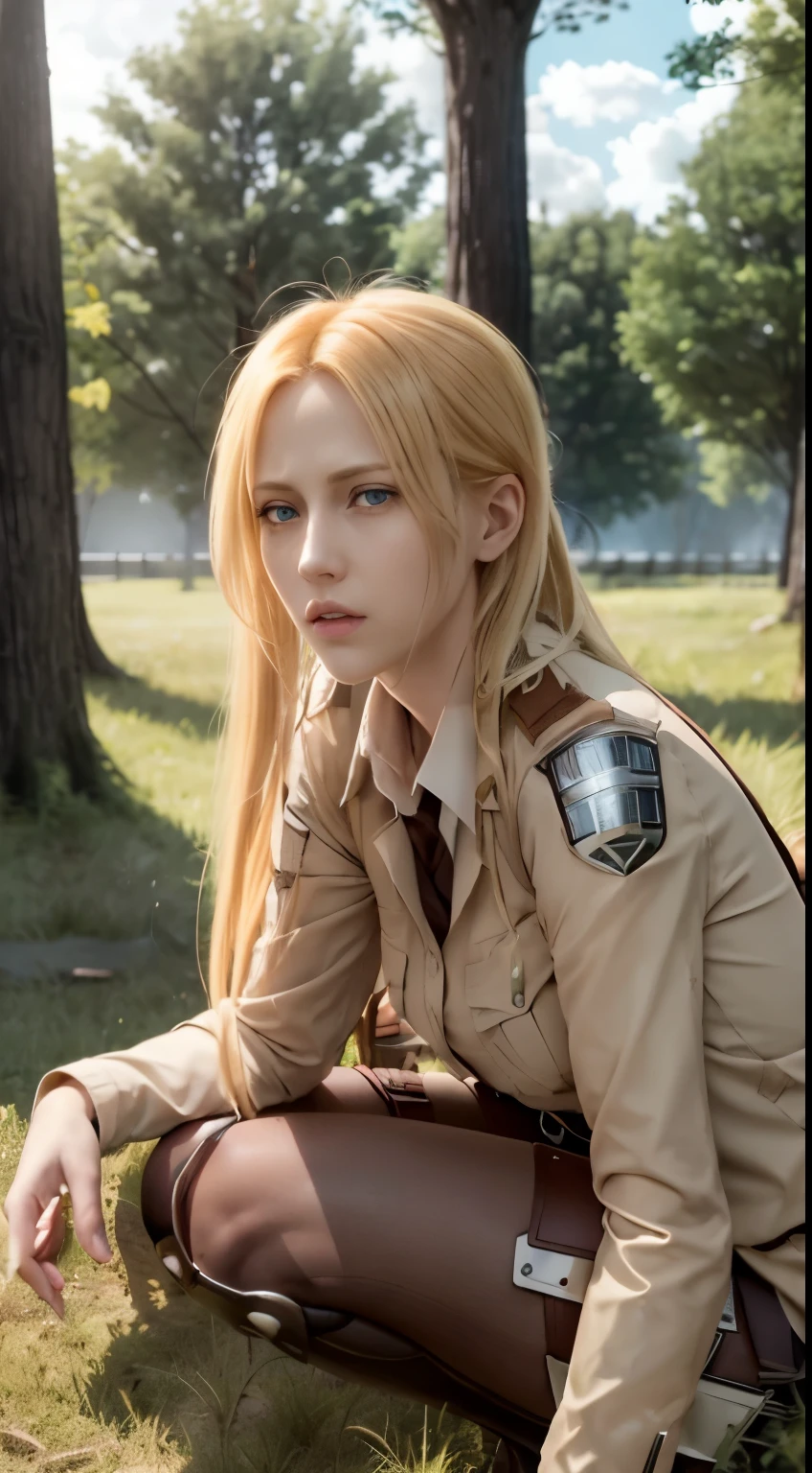 a woman sitting in the grass in front of a forest, annie leonhart, looking like annie leonhart, from attack on titan, in attack on titan, (attack on titans anime), shingeki no kyojin, the anime girl is crouching, annie leonhart in a neon city, female protagonist 👀 :8, ❤🔥🍄🌪，Attack on Titan female character Historia，golden hair，Long golden hair，Combat attire，binh，metal light holder，golden hair，blue color eyes