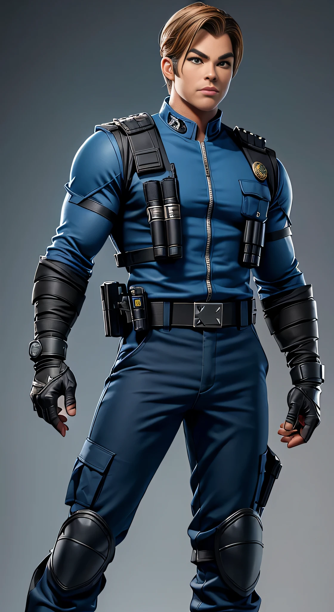 ((Chris Pine)) as Kurtis Stryker from Mortal Kombat, police officer uniform, complete with a blue shirt, tactical vest, cargo pants, and combat boots, utility belt with various law enforcement equipment and accessories, nightstick and a pistol, intricate, high detail, sharp focus, dramatic, photorealistic painting art by greg rutkowski