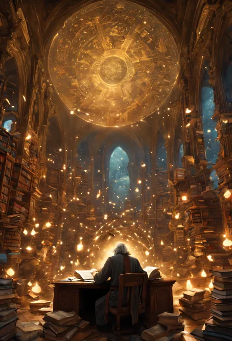 a mystical library filled with floating mountains of books orbiting an aged wizard lost in focused reading, intricate symbols an...