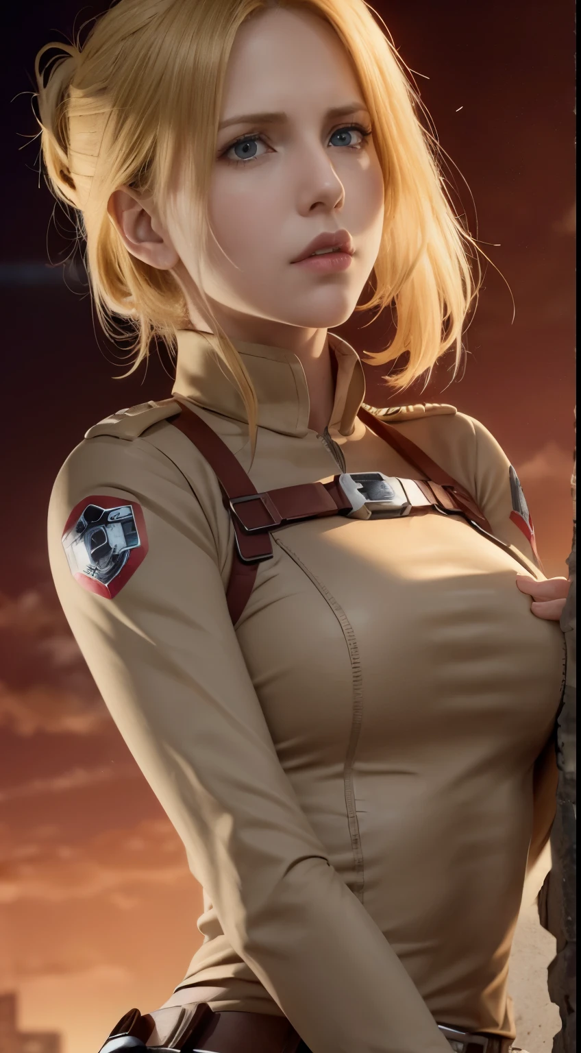 a woman in a uniform holding a gun and a red background, annie leonhart, from attack on titan, looking like annie leonhart, inspired by Armin Hansen, snk, inspired by Armin Baumgarten, attack on titan anime style, in attack on titan, attack on titan covert art, annie leonhart in a neon city，Attack on Titan female character Historia，golden hair，Long golden hair，Combat attire，binh，metal light holder，golden hair，blue color eyes