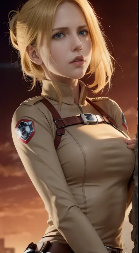 a woman in a uniform holding a gun and a red background, annie leonhart, from attack on titan, looking like annie leonhart, insp...