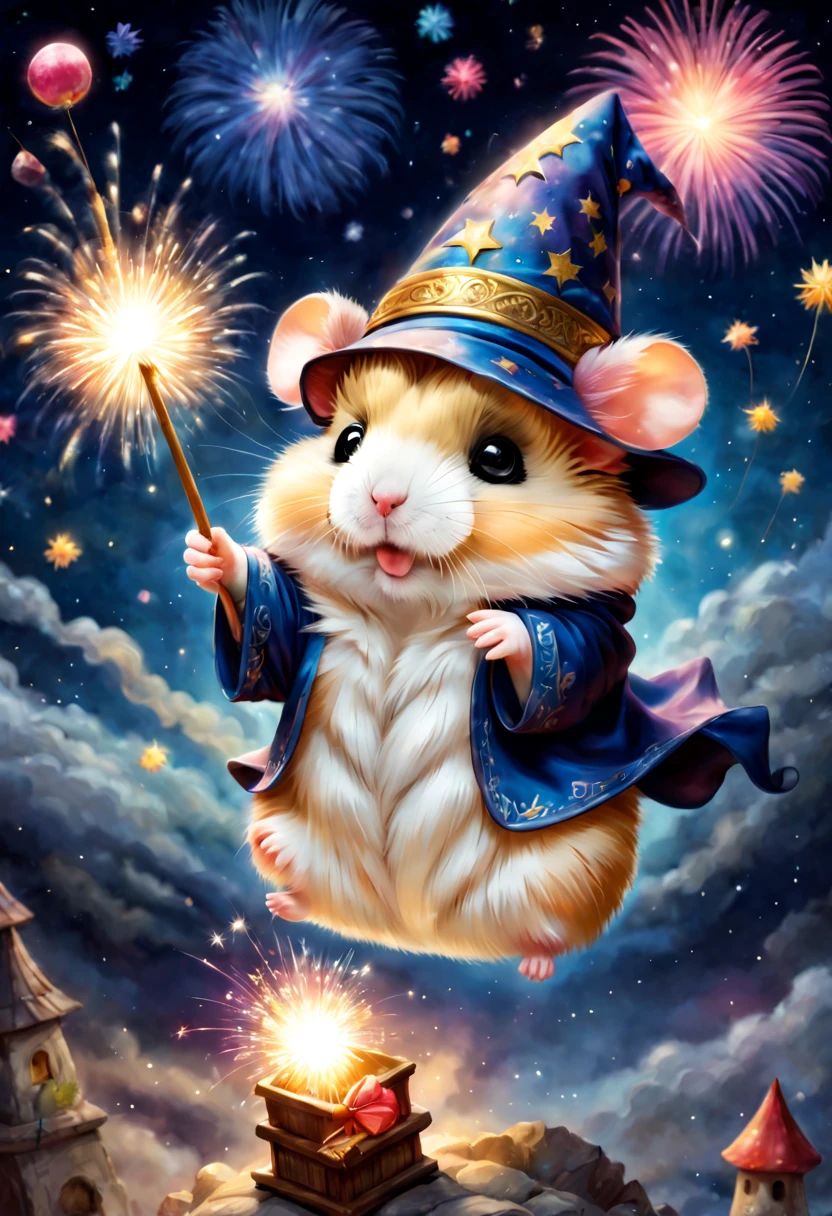 magic hamster party,((Hamster Wizard:great joy:pulling the hands up:Opening Mouth:Dynamic Pose:Wizard Hat)),magic wands,Use of magic,Wizard costume details:colourfull:draw a pattern with gold and silver,celebration,((Lots of fireworks in the night sky:colourfull)),,,Castle balcony,Lots of stars,kirakira,Beautiful light effect,,​masterpiece,top-quality,Fluffy hamsters,Chibi,cute little,A delightful,Happiness,,magical lights,,Fantastical,night sky details,Anatomically correct,All the best,,little hamster,最高にcute littleハムスター，Fantasia,randolph caldecott style,illustratio,watercolor paiting