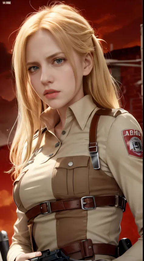 a woman in a uniform holding a gun and a red background, annie leonhart, from attack on titan, looking like annie leonhart, insp...