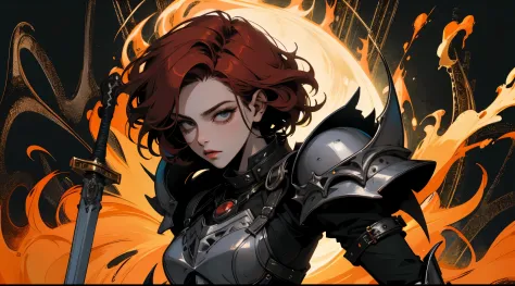 Wallpaper, of a woman, with short red hair, dressed in armor, and with a sword, very detailed, body covered in armor, spring effect, lens effect, with 16k quality and background with black, gray colors , orange and red