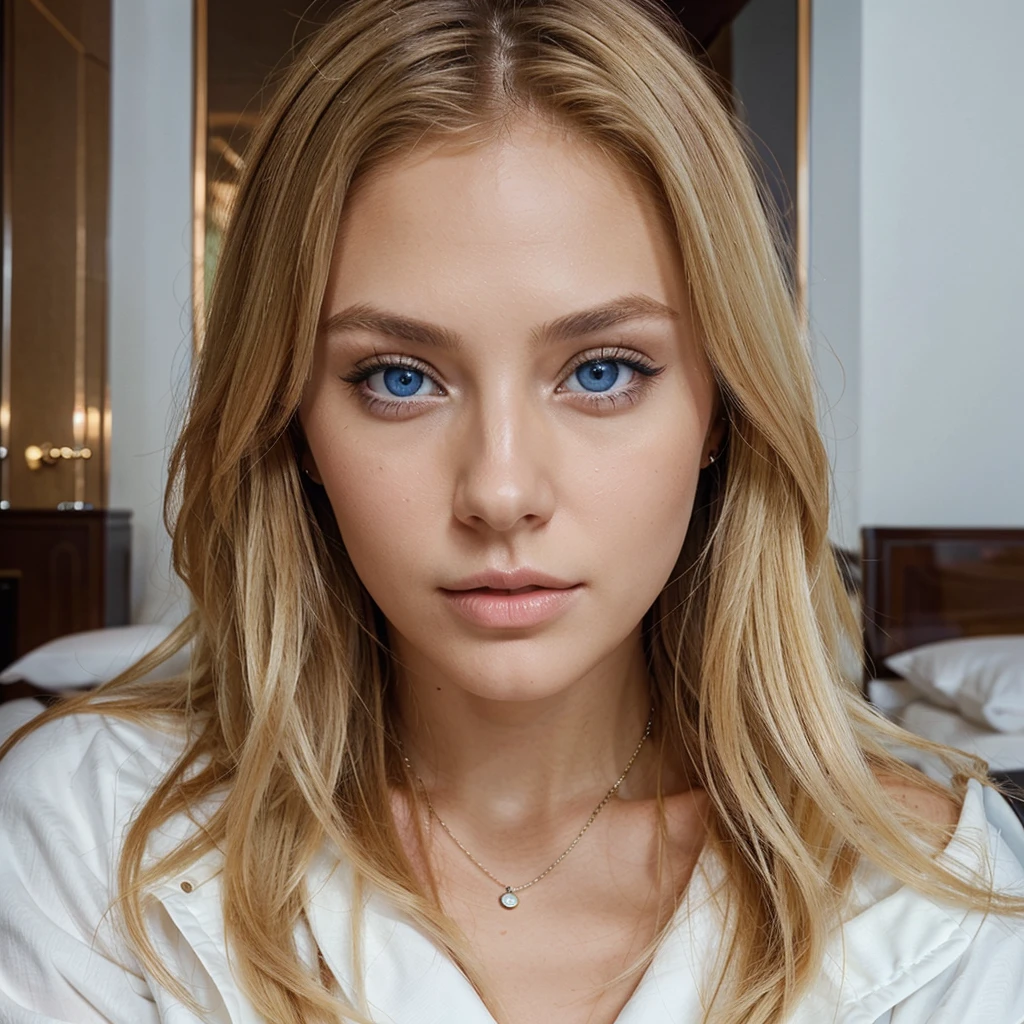 Beautiful blonde instagram girl with blue eyes in luxury hotel winter time  - SeaArt AI