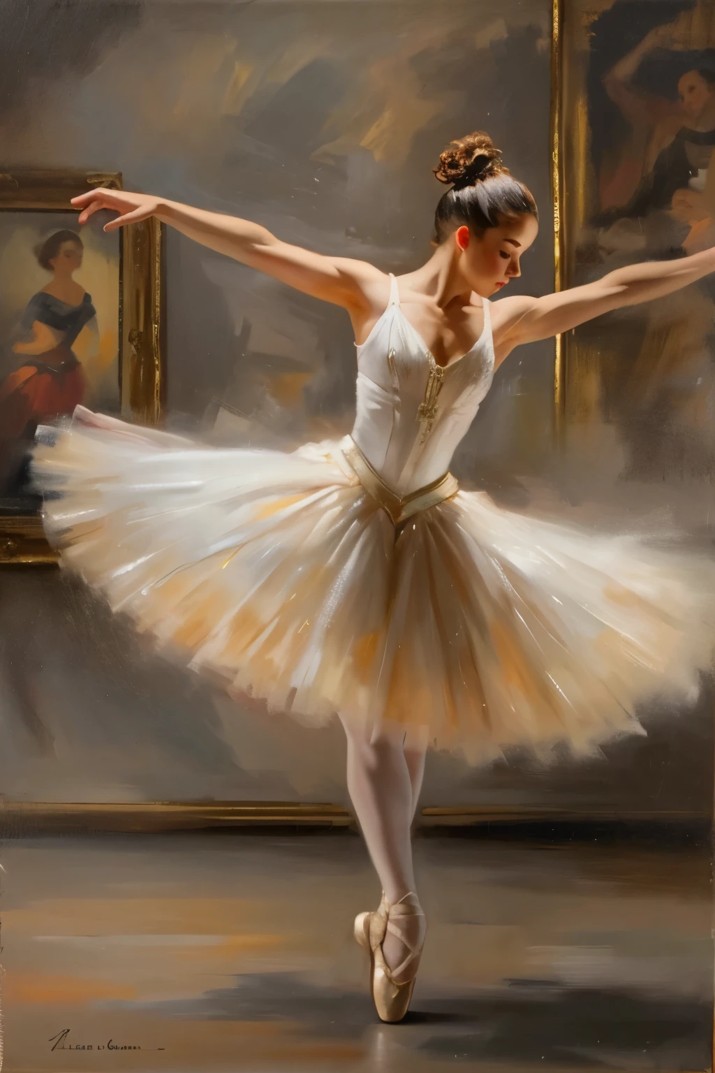 一幅油画，专业芭蕾舞演员，专业肢体动作，光學的
