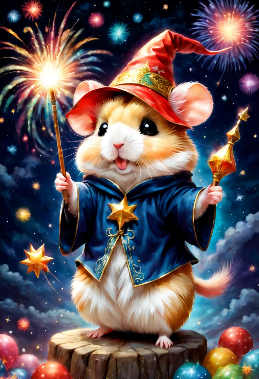 magic hamster party,((Hamster Wizard:great joy:pulling the hands up:Opening Mouth:Dynamic Pose:Wizard Hat)),magic wands,Use of magic,Wizard costume details:colourfull:draw a pattern with gold and silver,celebration,((Lots of fireworks in the night sky:colourfull)),,,Castle balcony,Lots of stars,kirakira,Beautiful light effect,,​masterpiece,top-quality,Fluffy hamsters,Chibi,cute little,A delightful,Happiness,,magical lights,,Fantastical,night sky details,Anatomically correct,All the best,,little hamster,最高にcute littleハムスター，Fantasia,randolph caldecott style,illustratio,watercolor paiting