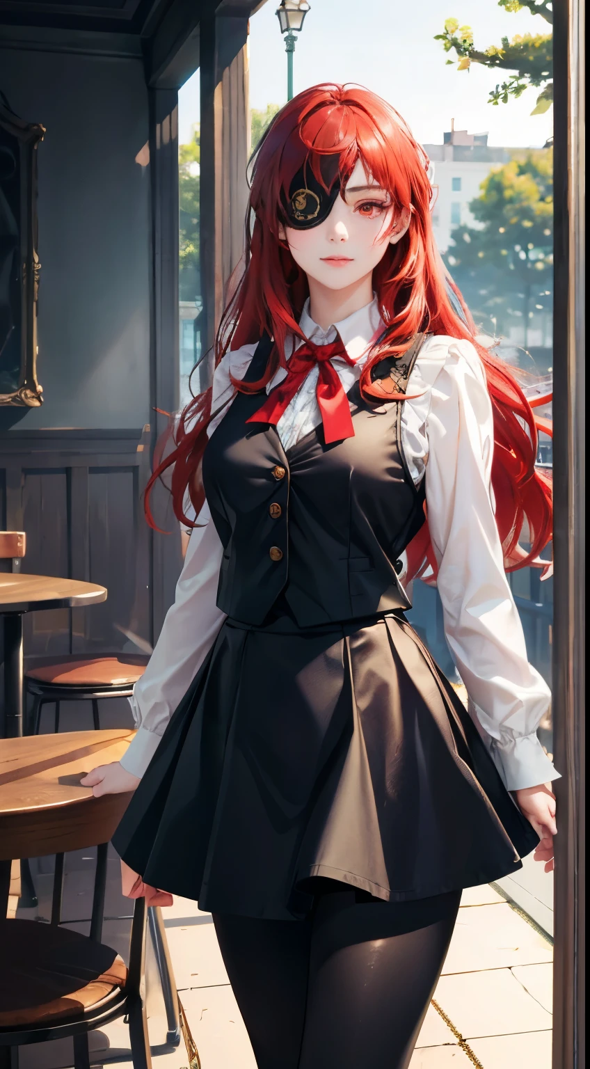 ((best quality)), ((masterpiece)), (detailed), perfect face, ((eyepatch:1.2)), (long hair:1.4), (red hair, red eyes:1.4), 1girl, solo, skirt, shirts, vest, legging, white shirts, Button-up shirts, black vest, smile, outdoors, black skirt, looking at viewer, black legging, rose pattern legging, long sleeves, bangs, ribbon, frilled skirt, frills, plaid, bow, Star shape eyepatch, gold eyepatch, standing, red ribbon, wide sleeves, hand on waist, medium breasts, cafe, inside bosco cafe, cowboy shot, elegance, mature women, Photorealistic, Hyperrealistic, Hyperdetailed, analog style, detailed skin, matte skin, soft lighting, subsurface scattering, realistic, heavy shadow, masterpiece, best quality, ultra realistic, 8k, golden ratio, Intricate, High Detail, film photography, soft focus, hollow eye