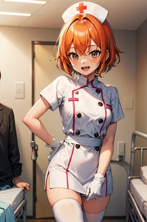 1girl, solo, nurse, nurse cap, white wear, ((white legwear, zettai ryouiki)), white gloves, very short hair, orange hair, smile,...