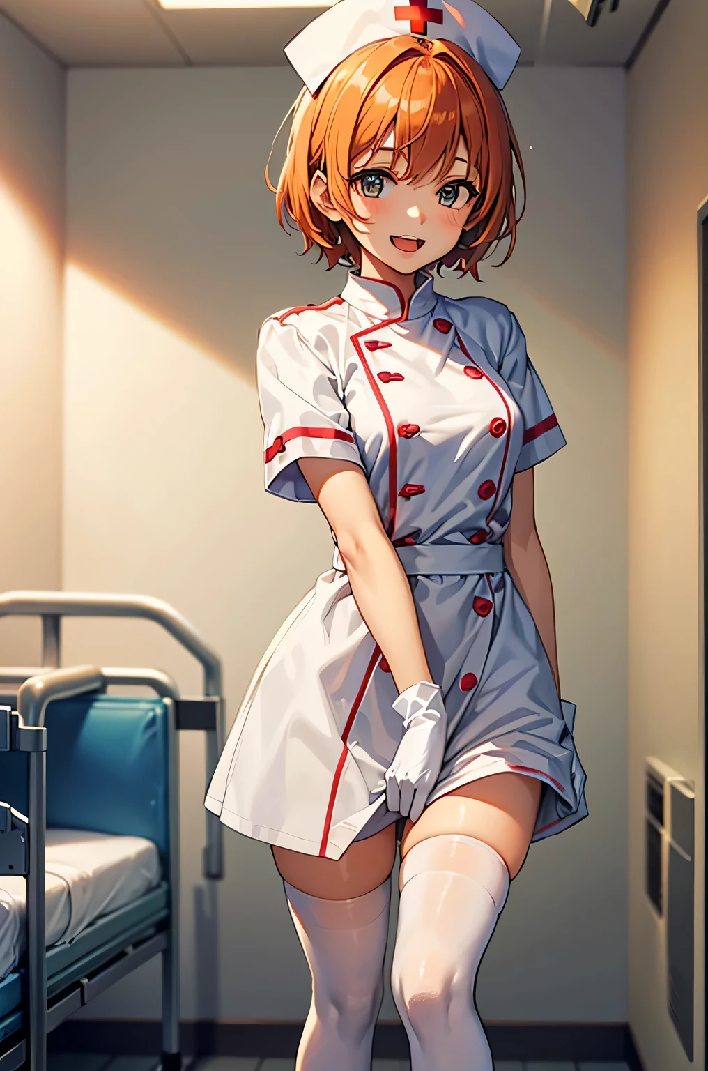 1girl, solo, nurse, nurse cap, white wear, ((white legwear, zettai ryouiki)), white gloves, very short hair, orange hair, smile, open mouth, standing, ((hospital room)), sharp outline, short sleeves, tomboy, boyish, best quality, masterpiece