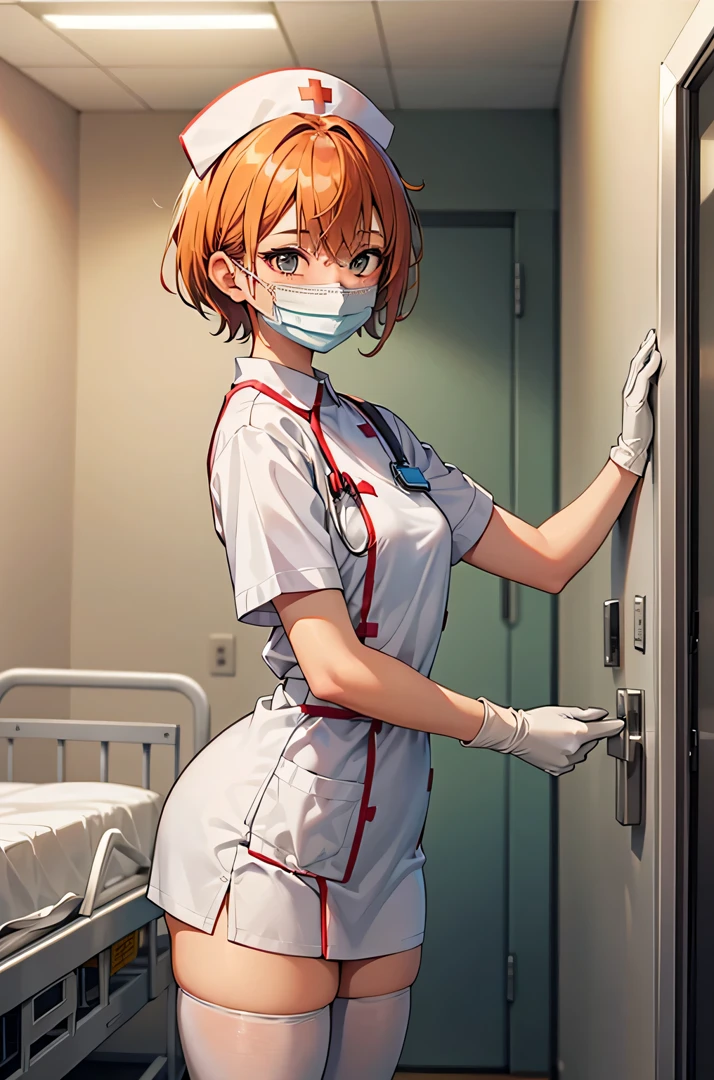 1girl, solo, nurse, nurse cap, white wear, ((white legwear, zettai ryouiki)), white gloves, very short hair, orange hair, ((white surgical mask, covered nose)), standing, ((hospital room)), sharp outline, short sleeves, tomboy, boyish, best quality, masterpiece