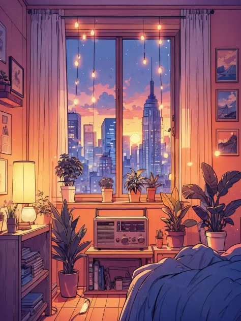 Draw an digital simple anime line art of wide lofi scene of small bedroom with radio near window, plants in pots, cityscape visi...