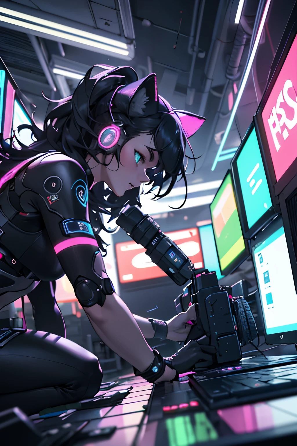 Anime girl in a black outfit with headphones on working on a laptop -  SeaArt AI