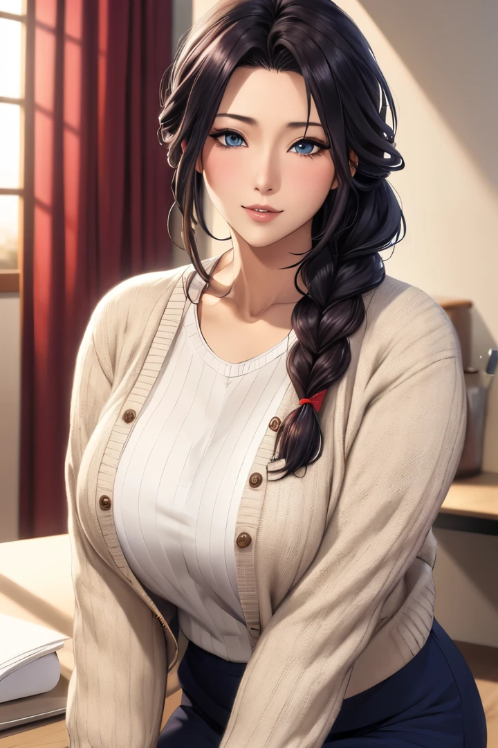 masutepiece, (Best Quality), 1womanl,1girl in ,akiko_minase,    Long hair, Brunette hair,   Blue eyes, braid, single braid, Hair intake, hair over shoulder, (maturefemale), Skirt, Sweaters, Cardigan,       house wife, Large breasts,Sexy Woman,    , blush vibrant colors ,,Natural lighting  ,nffsw, hair between eye , Beautiful, (Detailed face:1.2), showcase, (Perfect eyes:1.1) ,(Photorealistic:1.1), 8K UHD,  Looking at Viewer,  indoorround