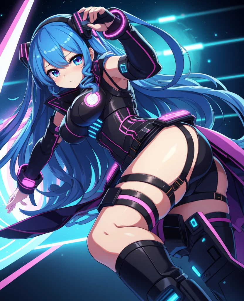 (cyber punk style:1.2), (anime, cute big breastluffy fluffy humans:1),  (very long blue curly hair, woman, 详细的脸), (small:1) , lewd poses, ssmile, tmasterpiece, Best quality at best, sub surface scattering, Ridiculous resources, gentlesoftlighting, Anti-shading, detailedbackground,Suisei Hoshimach