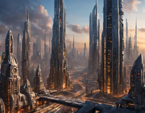 (the city of coruscant from star wars as designed by doug chiang), futuristic fantasy city with immense buildings of technologic...