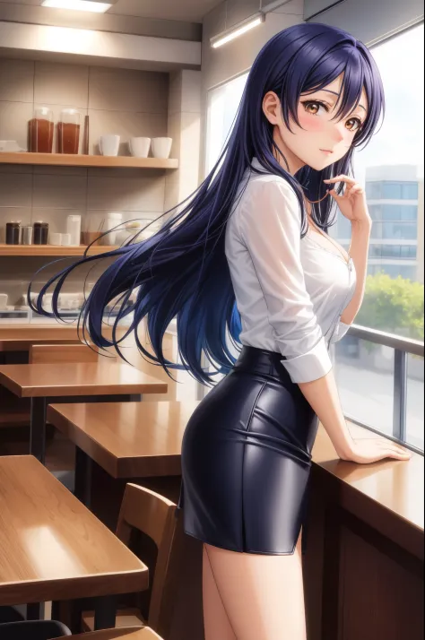 Solo, from side,cowboy shot,Sonoda umi, long straight hair, short pencil skirt, shirt cleavage,blushing, standing, in cafe