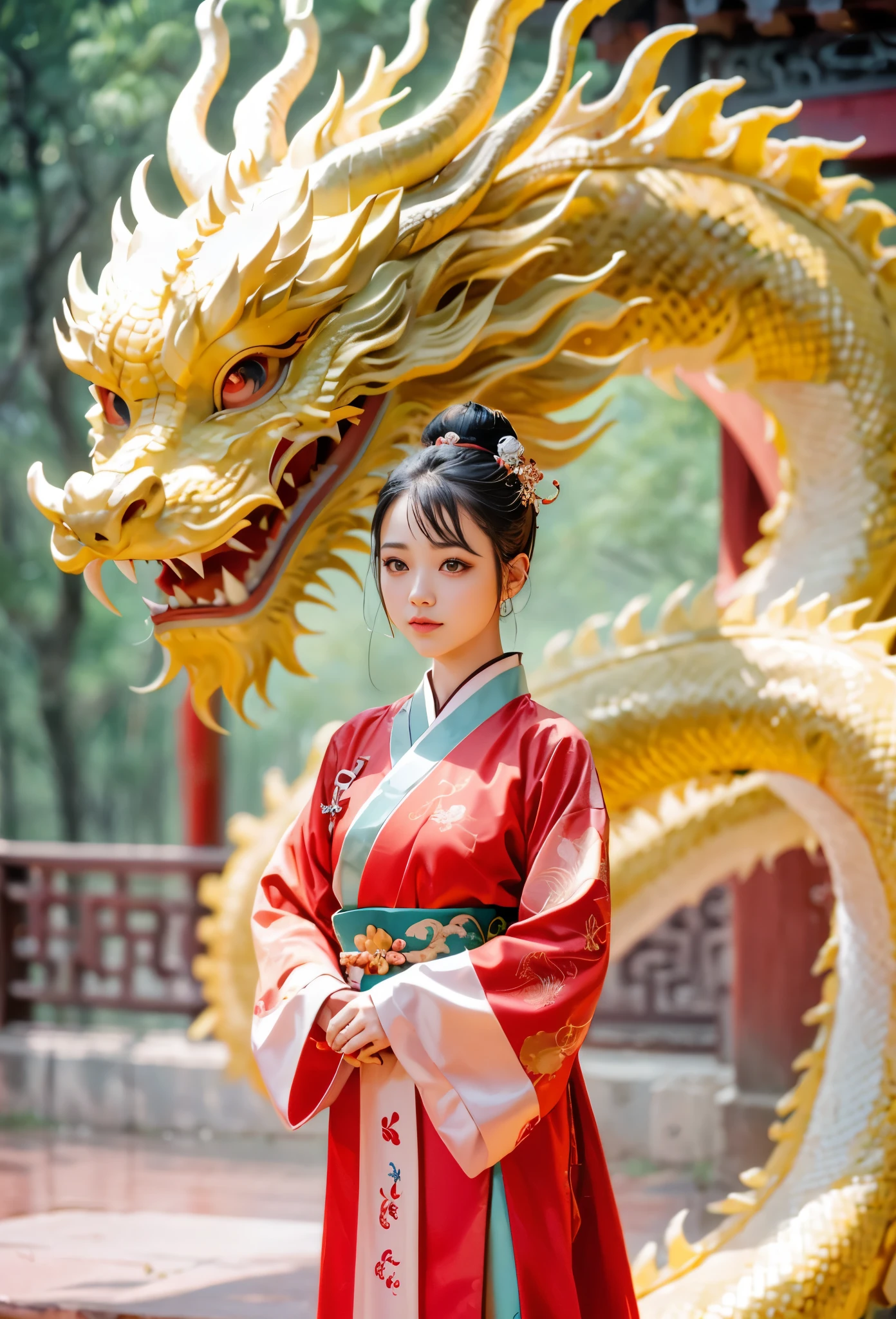 A cute Chinese girl,Standing next to the Chinese dragon,Red Chinese traditional costume，Double ball hairstyle，Dragon in the background, rainbowing，a hologram，masterpiece，UHD, 8K, ultraclear，