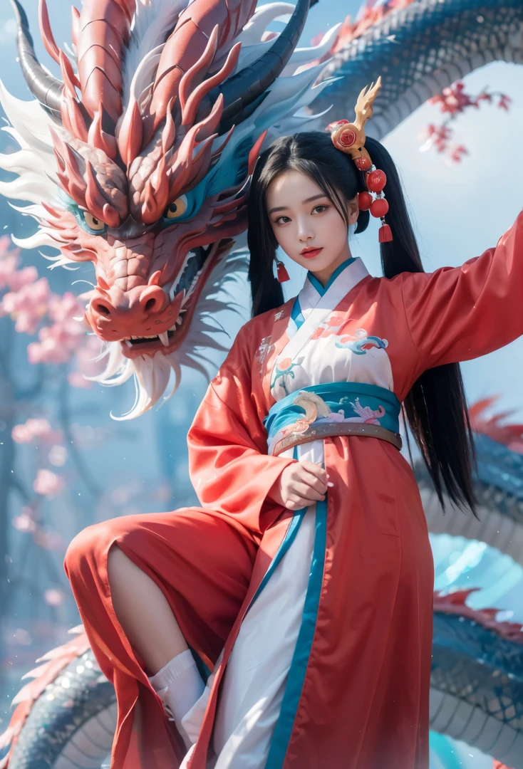 A cute Chinese girl,Standing next to the Chinese dragon,Red Chinese traditional costume，Double ball hairstyle，Dragon in the background, rainbowing，a hologram，masterpiece，UHD, 8K, ultraclear，