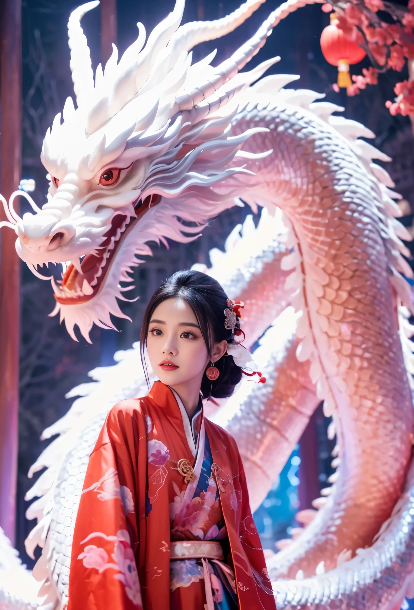 A cute Chinese girl,Standing next to the Chinese dragon,Red Chinese traditional costume，Double ball hairstyle，Dragon in the background, rainbowing，a hologram，masterpiece，UHD, 8K, ultraclear，