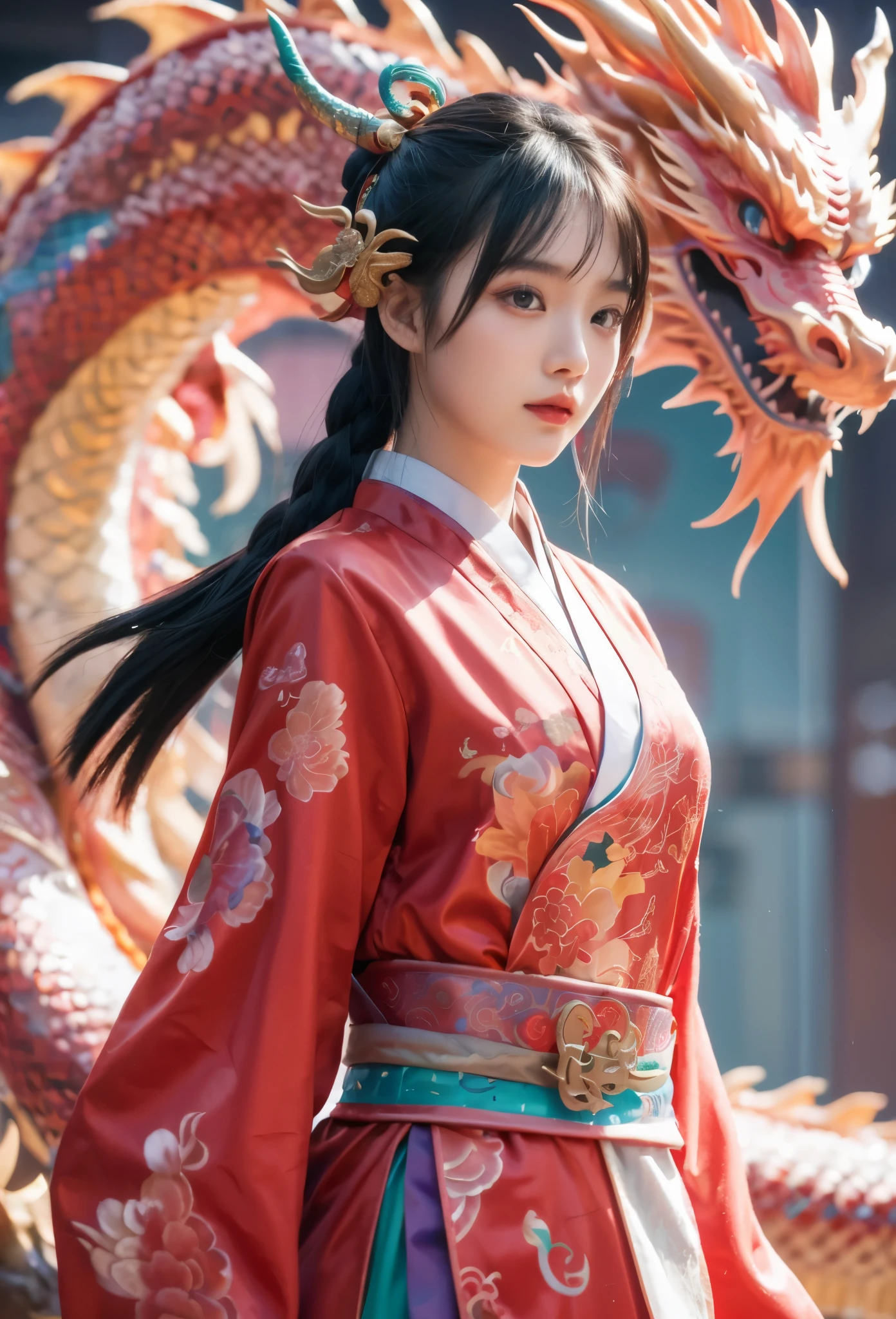 A cute Chinese girl,Standing next to the Chinese dragon,Red Chinese traditional costume，Double ball hairstyle，Dragon in the background, rainbowing，a hologram，masterpiece，UHD, 8K, ultraclear，