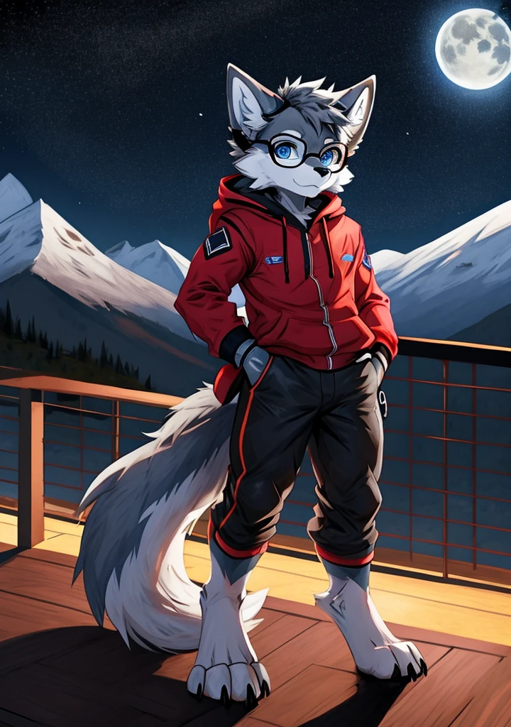 solo, wolf, furry male, tall, white color fur, short hair, gray color fur around the forehead, (light gray color ear roots:1.2), (red color ear tips:1.2), deep blue color eyes, big long tail, white color tail tips, white arms, full meat pad on paws, (light blue and white hoodie:1.1), short sleeves, black shorts, glasses, stand, wave paws, night, dark sky, large open balcony, distant mountains, modern city, dark sky, full moon, close up, full body, detailed character