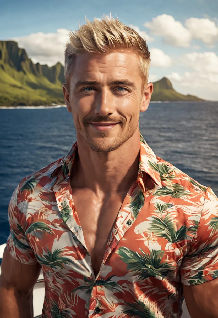 a handsome man, muscular, short blonde hair, perfect facial features, RAW, UHD, 8K, looking at camera, on a yacht at sea, vacation photography, island paradise, colorful unbuttoned Hawaiian shirt showing his stunning muscular chest, photorealistic, dynamic lighting, perfect day, [smiling]