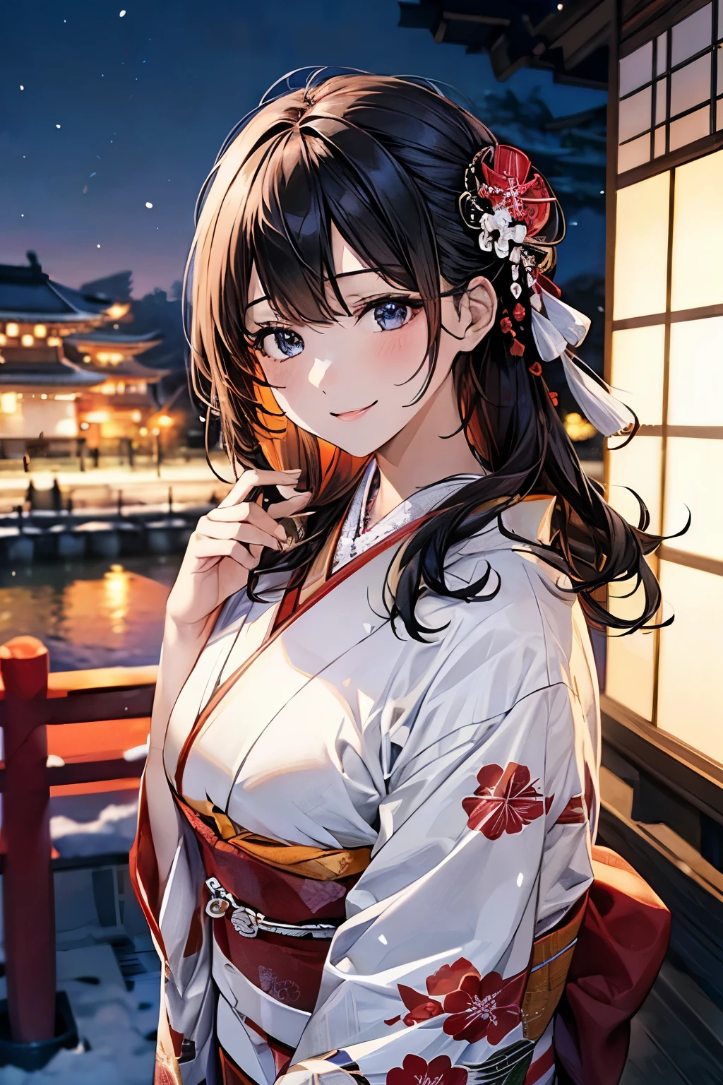 ((perfect anatomy, anatomically correct, super detailed skin)), 
1 girl, japanese, high school girl, shiny skin, large breasts:0.5, looking up, watching the view, 
beautiful hair, beautiful face, beautiful detailed eyes, (middle hair:1.5, japanese hair:1.5), black hair, blue eyes, babyface, mole under eye, 
(((floral luxury red kimono), hair ornament)), 
((smile:1.5, open your mouth wide)), walking, 
(beautiful scenery), winter, dawn, (new year's day, first visit), hokkaido, sapporo, outside hokkaido shrine, crowd, snow, snowfall:1.5, freezing weather, frost, 
(8k, top-quality, masterpiece​:1.2, extremely detailed), (photorealistic), beautiful illustration, natural lighting,