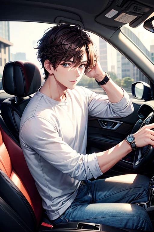 handsome man driving a car、drivers seat、with short brown hair,,Lunette de soleil、white and navy knit、long-sleeve、Roll up your arms、wrist watch、denim pant、hight resolution、in 8K、foco nítido