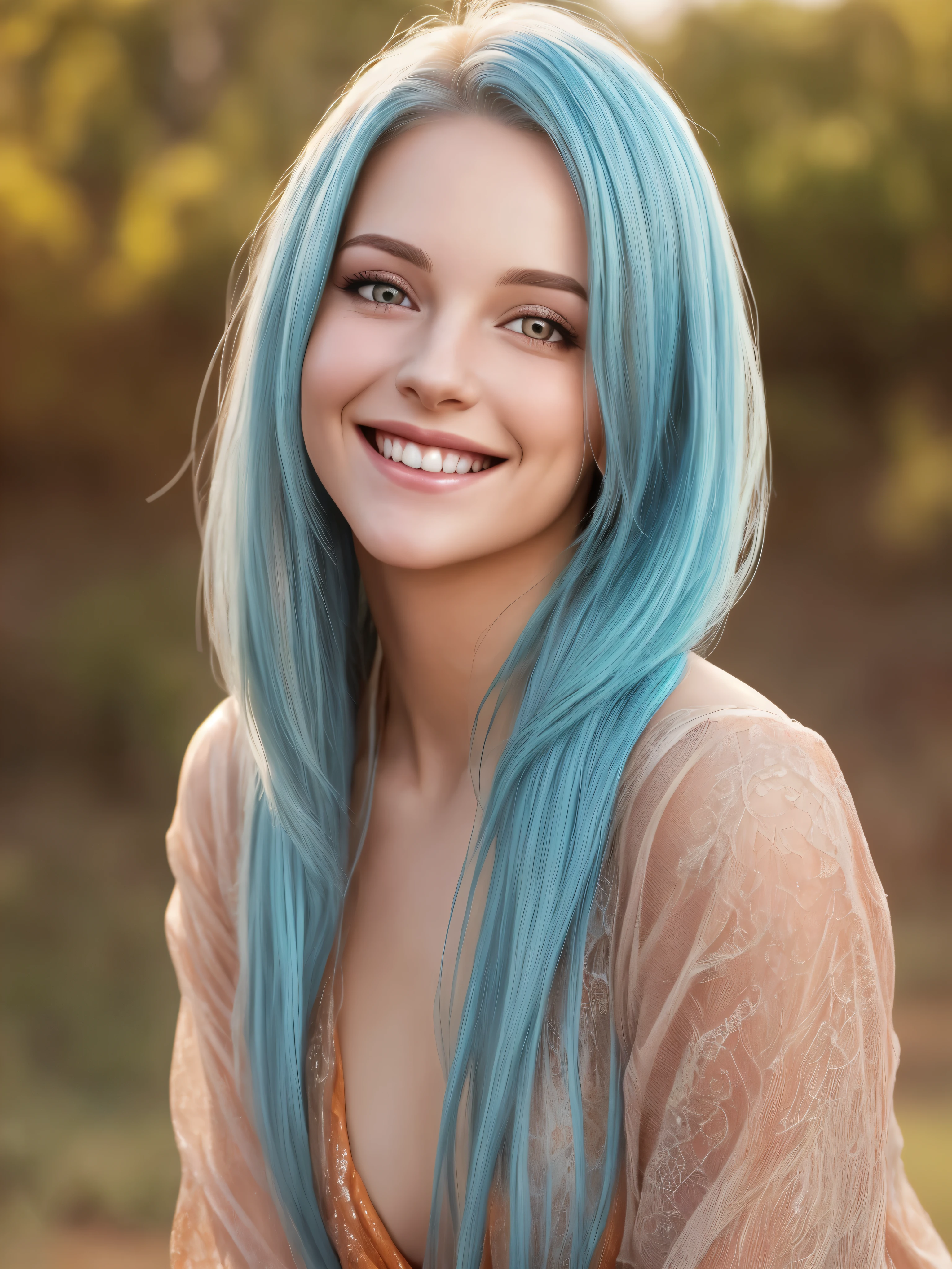 A woman with blue hair and a brown dress smiling - SeaArt AI