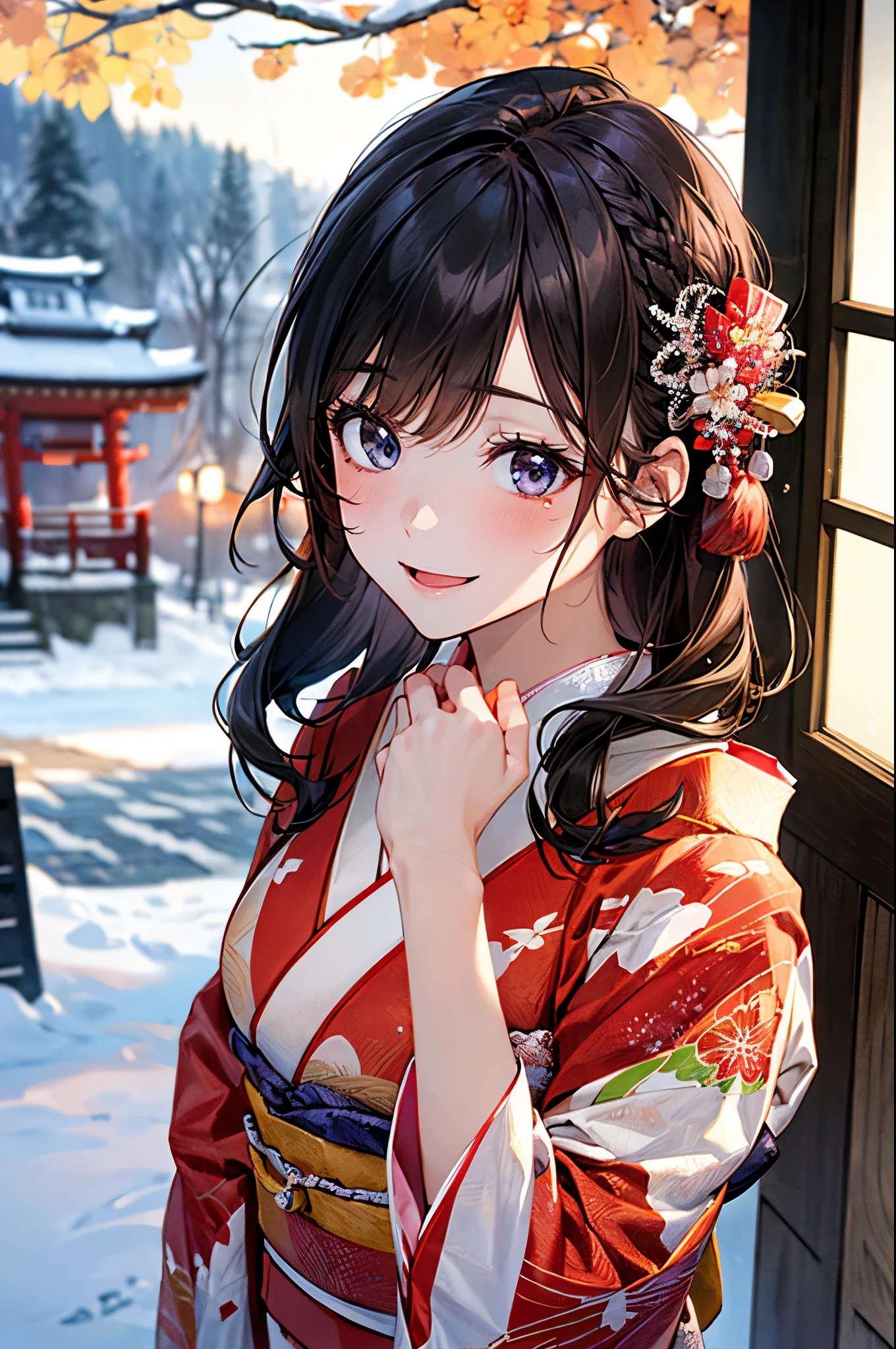 ((perfect anatomy, anatomically correct, super detailed skin)), 
1 girl, japanese, high school girl, shiny skin, large breasts:0.5, looking up, watching the view, 
beautiful hair, beautiful face, beautiful detailed eyes, (middle hair:1.5, japanese hair:1.5), black hair, blue eyes, babyface, mole under eye, 
(((floral luxury red kimono), hair ornament)), 
((smile:1.5, open your mouth wide)), walking, 
(beautiful scenery), winter, dawn, (new year's day, first visit), hokkaido, sapporo, outside hokkaido shrine, crowd, snow, snowfall:1.5, freezing weather, frost, 
(8k, top-quality, masterpiece​:1.2, extremely detailed), (photorealistic), beautiful illustration, natural lighting,