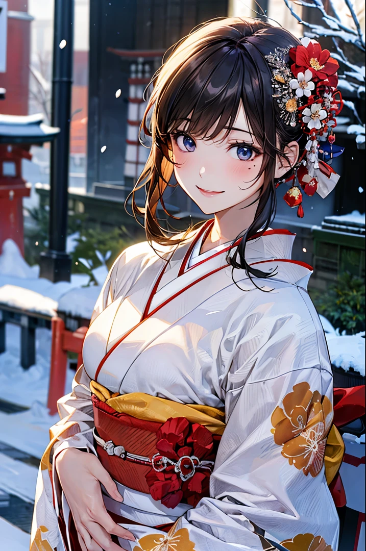 ((perfect anatomy, anatomically correct, super detailed skin)), 
1 girl, japanese, high school girl, shiny skin, large breasts:0.5, looking up, watching the view, 
beautiful hair, beautiful face, beautiful detailed eyes, (middle hair:1.5, japanese hair:1.5), black hair, blue eyes, babyface, mole under eye, 
(((floral luxury red kimono), hair ornament)), 
((smile:1.5, open your mouth wide)), walking, 
(beautiful scenery), winter, dawn, (new year's day, first visit), hokkaido, sapporo, outside hokkaido shrine, crowd, snow, snowfall:1.5, freezing weather, frost, 
(8k, top-quality, masterpiece​:1.2, extremely detailed), (photorealistic), beautiful illustration, natural lighting,