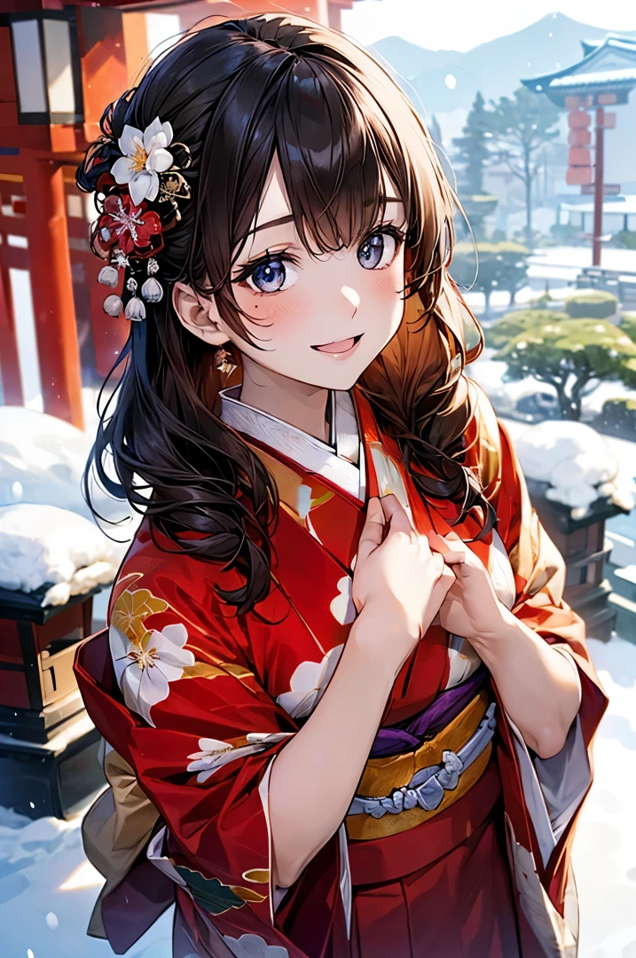 ((perfect anatomy, anatomically correct, super detailed skin)), 
1 girl, japanese, high school girl, shiny skin, large breasts:0.5, looking up, watching the view, 
beautiful hair, beautiful face, beautiful detailed eyes, (middle hair:1.5, japanese hair:1.5), black hair, blue eyes, babyface, mole under eye, 
(((floral luxury red kimono), hair ornament)), 
((smile:1.5, open your mouth wide)), walking, 
(beautiful scenery), winter, dawn, (new year's day, first visit), hokkaido, sapporo, outside hokkaido shrine, crowd, snow, snowfall:1.5, freezing weather, frost, 
(8k, top-quality, masterpiece​:1.2, extremely detailed), (photorealistic), beautiful illustration, natural lighting,