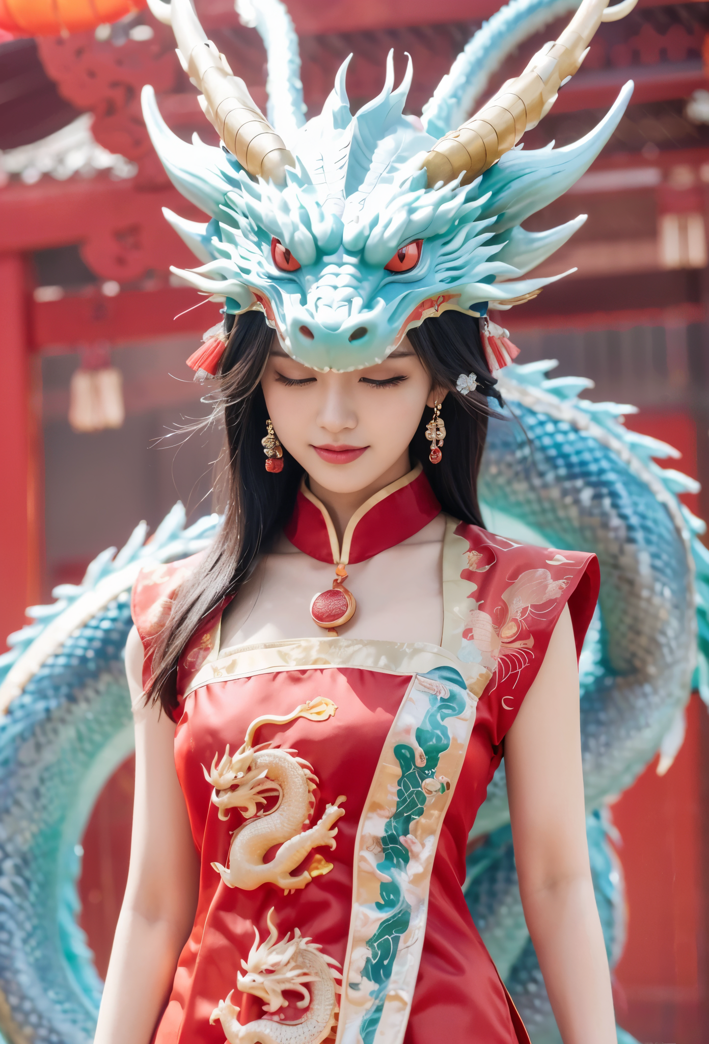 A cute Chinese girl,Standing next to the Chinese dragon,Red Chinese traditional costume，Double ball hairstyle，Dragon in the background, rainbowing，a hologram，masterpiece，UHD, 8K, ultraclear，