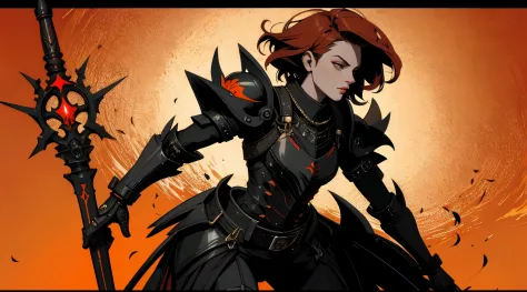 Defining the type of work: Wallpaper;
Background definition: background with black, gray, orange and red colors;
Foreground definition: A woman, with short red hair, dressed in armor, and with a sword, body covered by armor;
Quality definition and effects:...