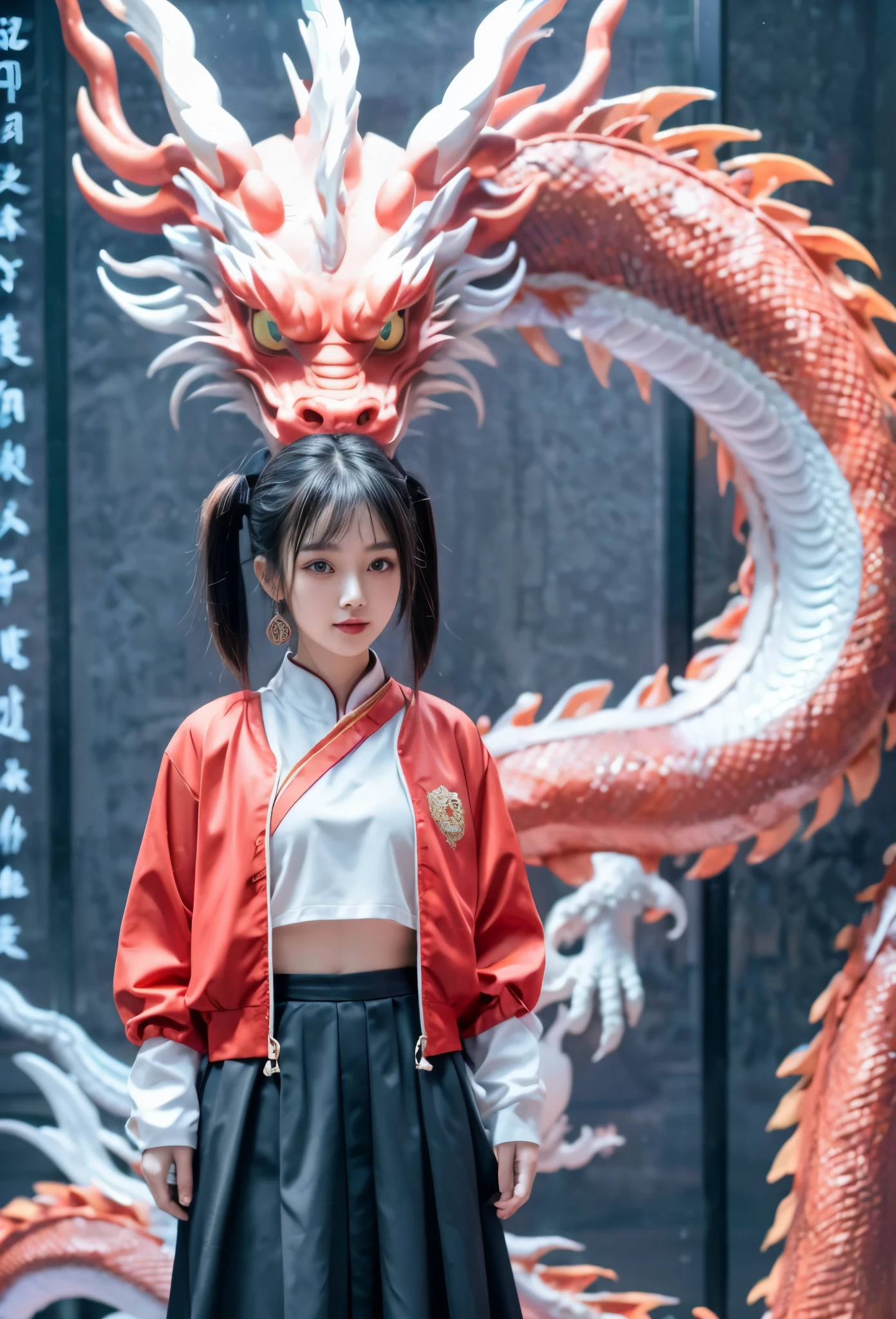 A cute Chinese girl,Standing next to the Chinese dragon,Red Chinese traditional costume，Double ball hairstyle，Dragon in the background, rainbowing，a hologram，masterpiece，UHD, 8K, ultraclear，