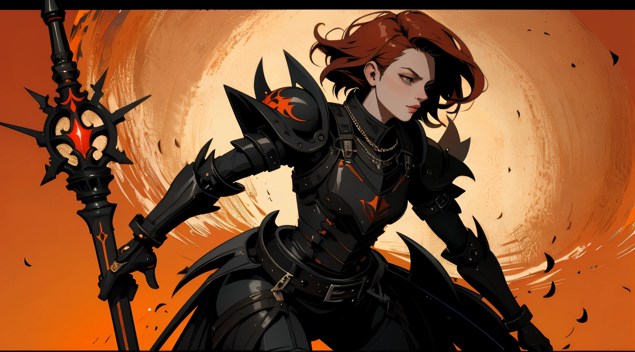 Defining the type of work: Wallpaper;
Background definition: background with black, gray, orange and red colors;
Foreground definition: A woman, with short red hair, dressed in armor, and with a sword, body covered by armor;
Quality definition and effects: Very detailed, spring effect, lens effect, 16k quality