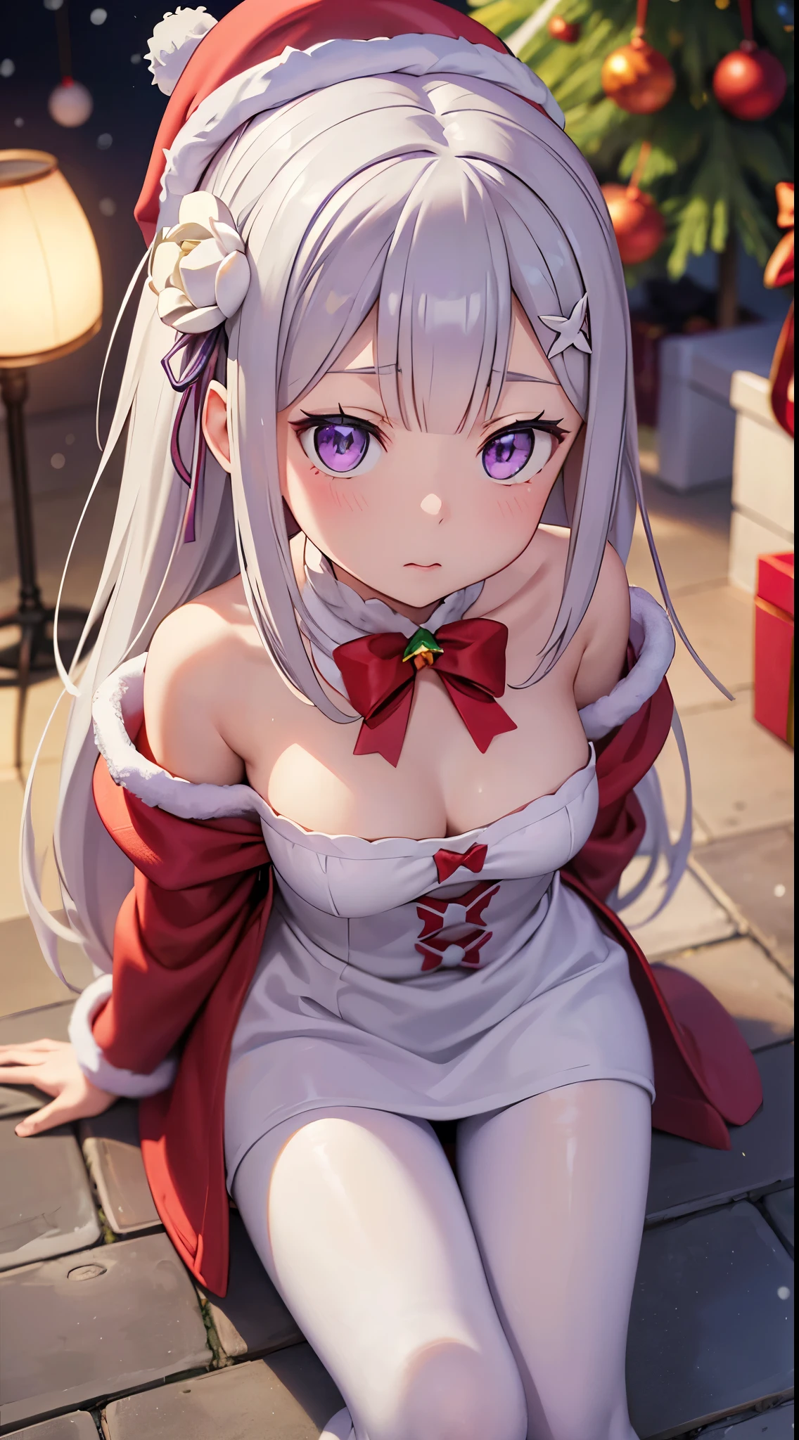 re:zero, emilia, gray hair, hair flower, masterpiece, amazing, 8k, detailed, 1girl, (from above), purple eyes, (white tights), ((leans forward)), (stands), hands behind her back, ((looking up)), (red background), falling snowflakes, ((Christmas hat))