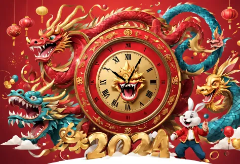 2024 new year poster design，Passionate red as the main color，with dynamism，Located in the center of the poster，Giant smiling Chinese dragon and rabbit electronic LCD screen countdown clock design，People look at the clock and shout 3,2,1，，There are various ...