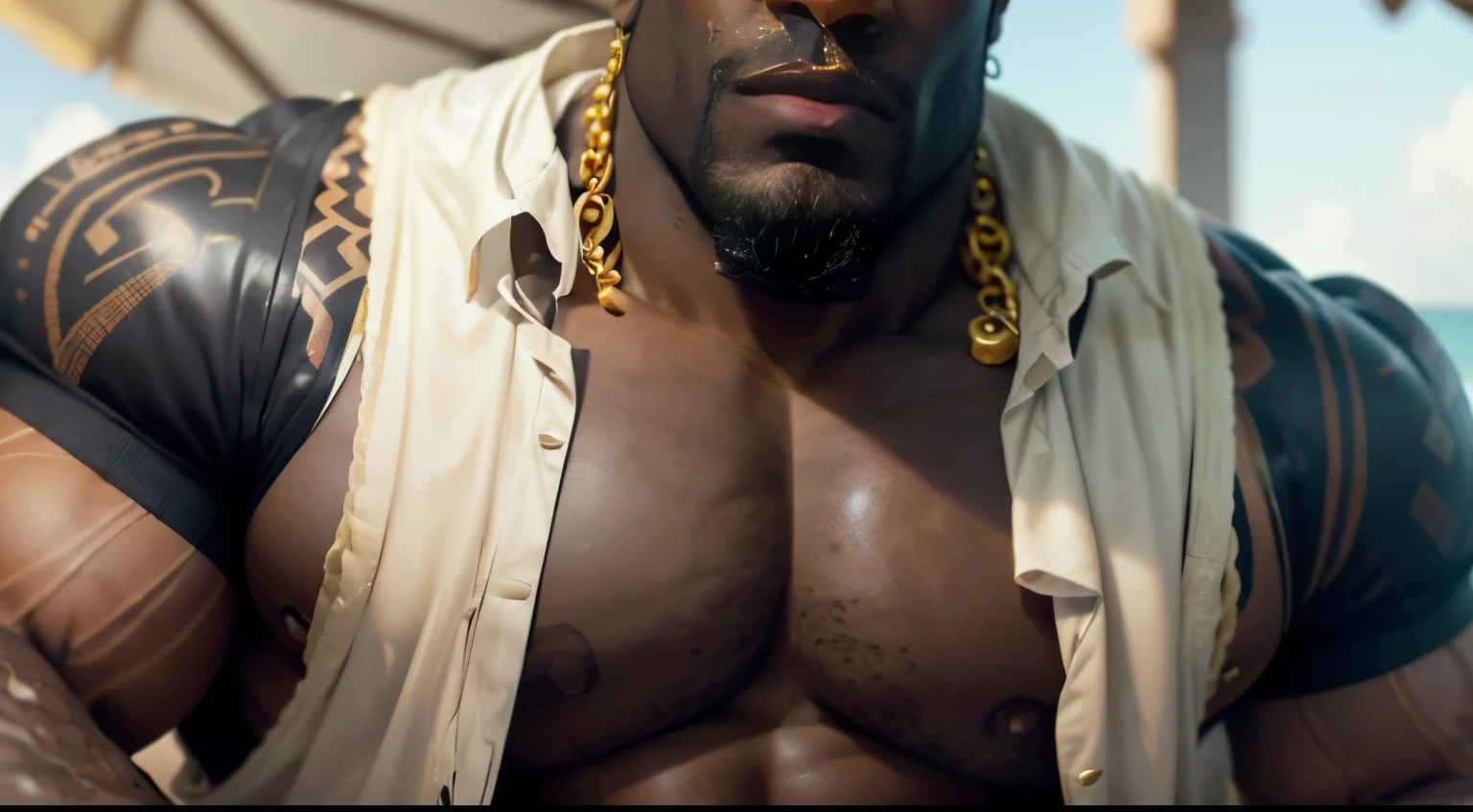 A close up of a man with a shirt on and a gold chain around his neck -  SeaArt AI