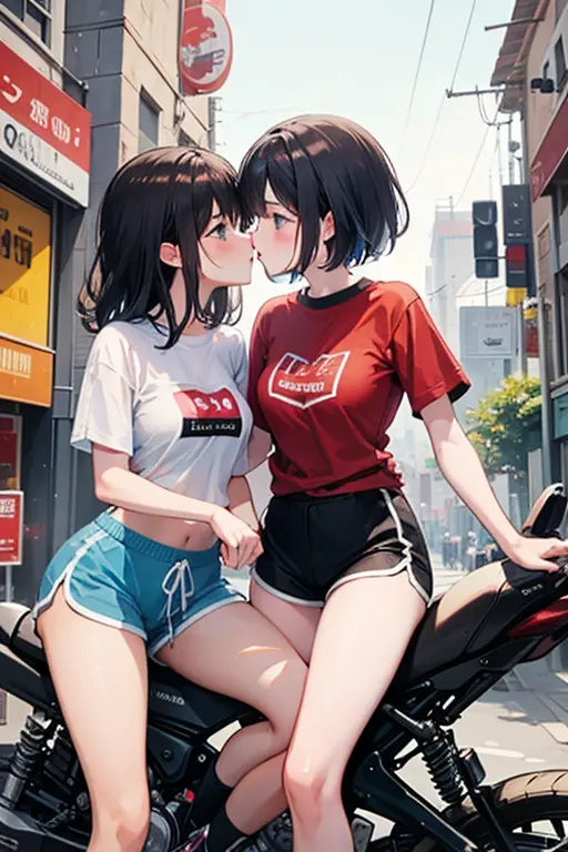 Two girls kiss while riding motorcycle, dolphin shorts, in the volcanic city