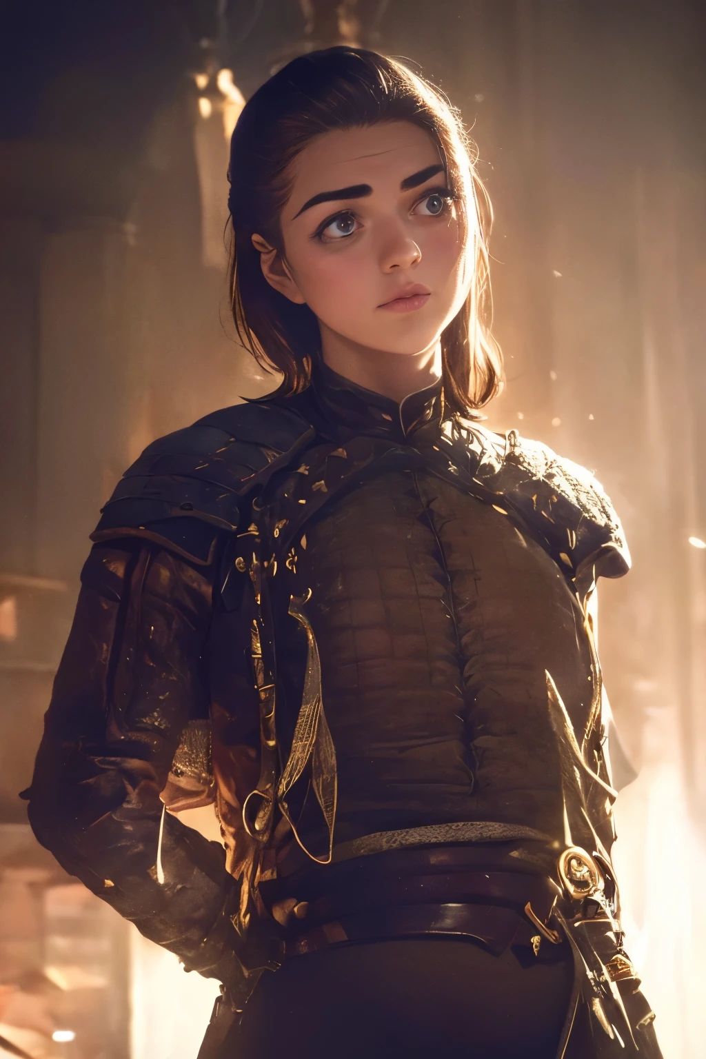 Breathtaking cinematic photo of a 18 year old girl with brown hair and olhos castanhos, Arya Stark, Rosto de Maisie Williams, rosto de Arya Stark ,Game of Thrones character, medieval, d&d, boca fechada, Beautiful lips, detalhes intrincados, profundidade de campo rasa, altamente detalhado, high budget, Hollywood epic movie, gorgeous, master part, Premiado, profissional, altamente detalhado, Textura detalhada da pele, (corar: 0.5), (arrepios: 0.5). (the most Beautiful woman in the world) (brown hair) (cabelos curtos e cacheados, Cabelos selvagens, corte elegante) rosto fino, nariz fino, Beautiful, very Beautiful, perfeito face, delgado body (delgado), (brown hair) (olhos castanhos ) (pele branca) Corpo bonito, Face ocidental, Predatory eyes, pink lips, coxas grossas. corpo inteiro, Beleza Ocidental, nariz fino, Beautiful, perfeito, ((best quality)), ((Ultra resolution)), ((fotorrealista: 1.4)), (detalhes intrincados), perfeito face, maquiagem: 1.5 , rosto claro, detalhes faciais. Front view ((uniforme, tactical bodysuit, fantasia de agente, Spy))