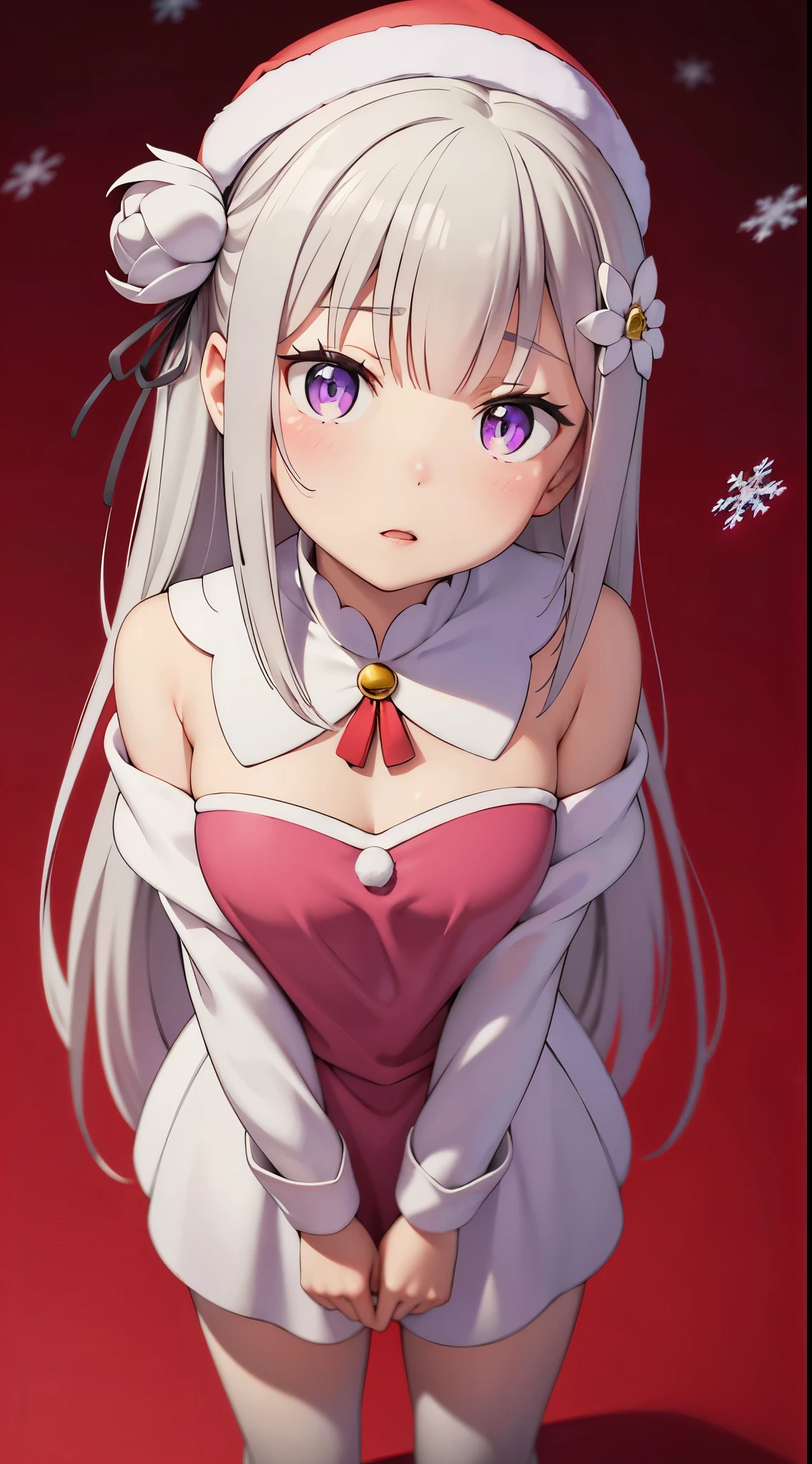 re:zero, emilia, gray hair, hair flower, masterpiece, amazing, 8k, detailed, 1girl, (from above), purple eyes, (white tights), ((leans forward)), (stands), hands behind her back, ((looking up)), (red background), falling snowflakes, ((Christmas hat))