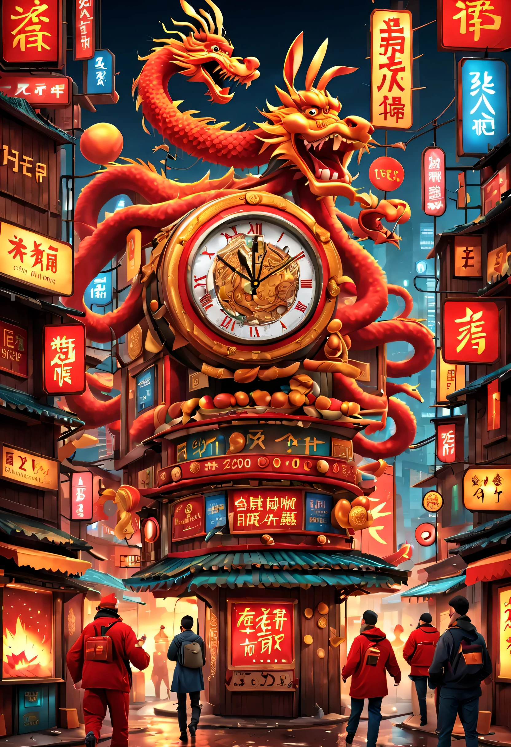 （2024 new year eve new year poster design），Passionate red as the main color，with dynamism，Located in the center of the poster，Smiling giant Chinese dragon and cute rabbit electronic lcd screen countdown clock design，People look at the clock and shout，There are various carnival elements scattered around， (air zone、fire works, ETC) ，At the bottom of the poster， (Happy New Year Gold Award）），（Gold Medal 2024 ），Made by Pixar，3D，Steam cyberpunk，