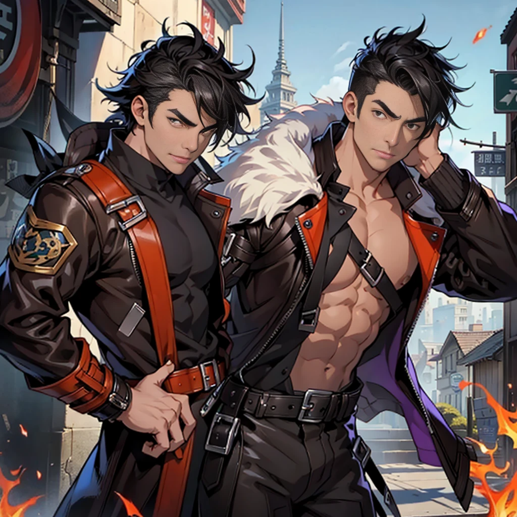 masterpiece, best quality, 1man, , male focus, solo, medium black hair, vibrant black eyes, looking at viewer, closed mouth, erotic, Fantasy aesthetics, Highly detailed, shadowverse style, leather coat, Show off the big bulge. outdoor