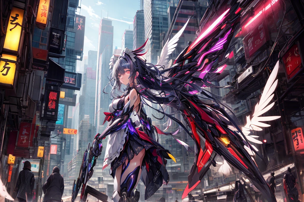 top-quality、ighly detailed、​masterpiece、ultra-detailliert、illustratio、((1girl in))、silber hair、length hair、Floating hair、、Cyber City、Neon building、(The upper part of the body:1.05)、extremely_Detailed_Eyes_And_Face,cybernetic wings mechanical wings、Random posture、Skyscraper、、Mechumusume、shrine maiden clothe,maid clothes、Random angles、anime styled,cowboy  shot
